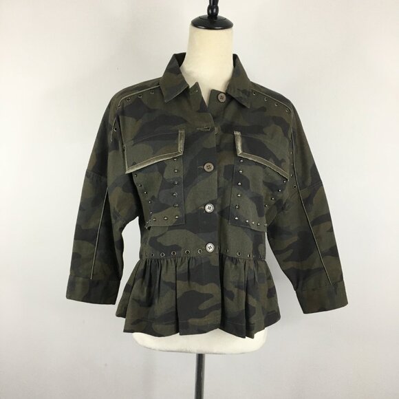 JOIE Green Mix Camo Print SAMIA Dolman Sleeve Studded Ruffle Peplum Hem Jacket - Picture 6 of 13